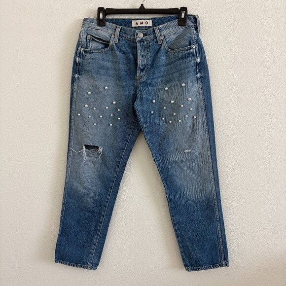 AMO Jean Y2K -Tomboy Crop Jeans Women’s Size 27Button Fly Pearl Embellished